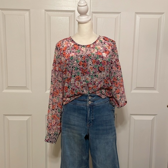 Ann Taylor Tops - Ann Taylor Blouse Women’s Small Pink Orange Black Babydoll Sheer Floral Overlay